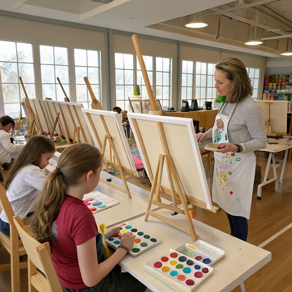 Creative students working on paintings in the art studio