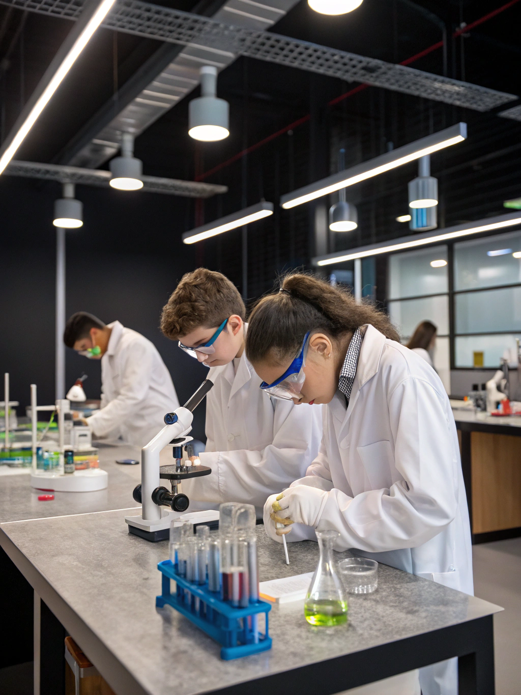 Students interacting with science lab equipment at EROS Institute