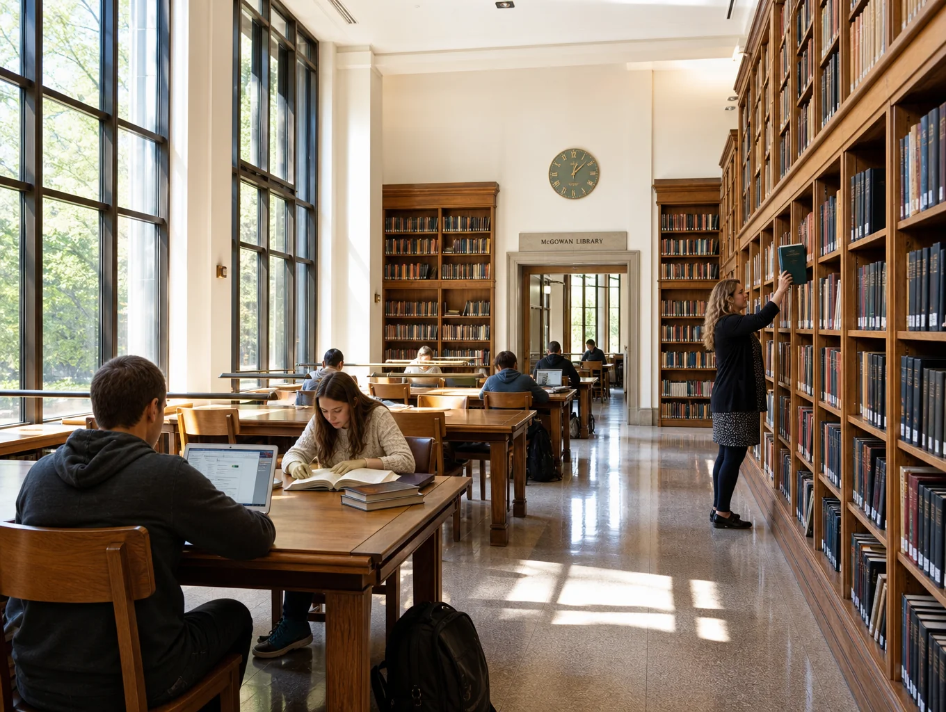 Students reading in the quiet, sunlit campus library
