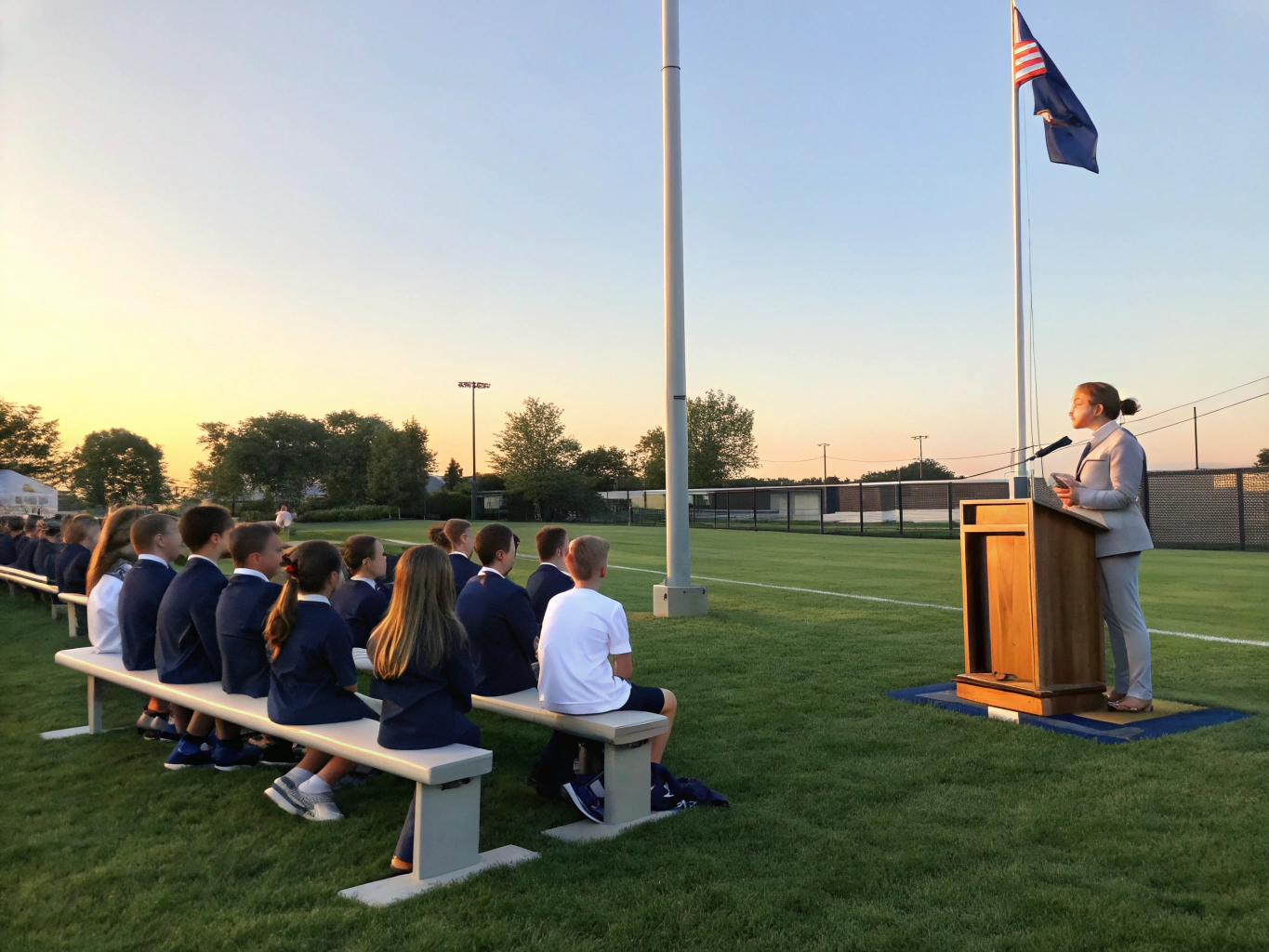 Students gathered for an outdoor morning assembly