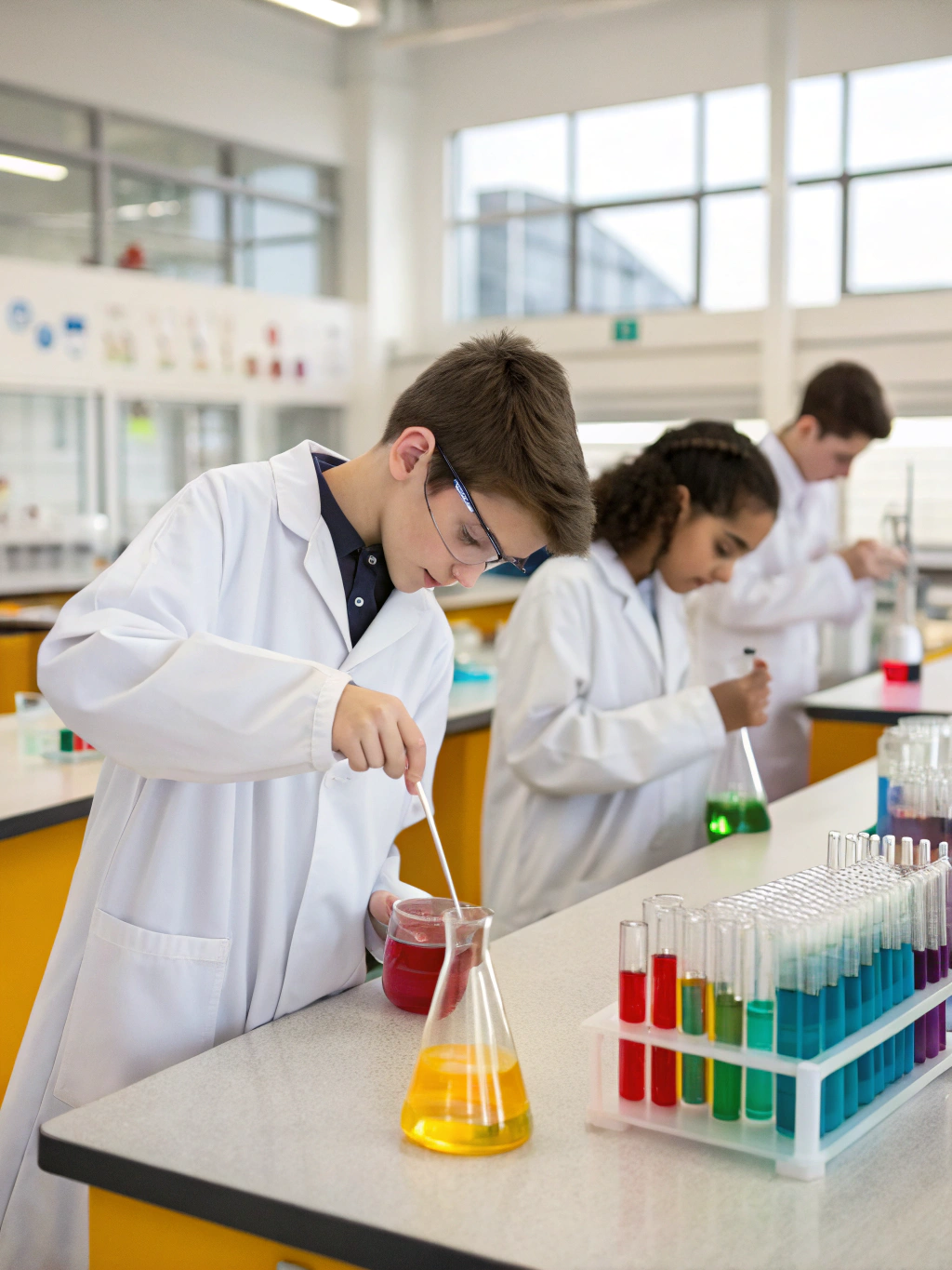 Students conducting experiments in the modern science laboratory