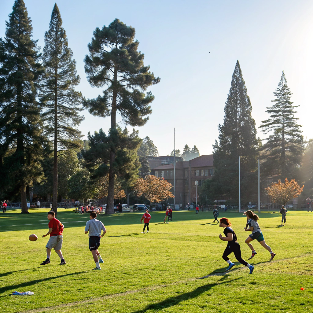 Students playing football on the green campus sports field